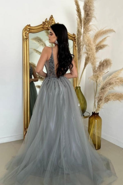 Dbrbridal Slit Front V-Neck Spaghetti Straps Long Tulle Sleeveless Prom Dress with Beadings
