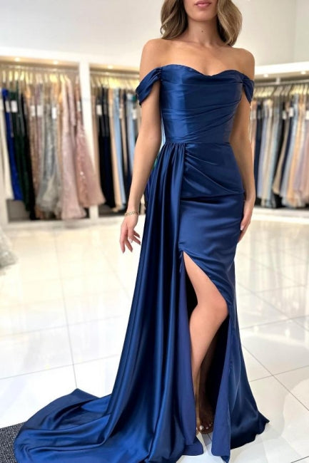 Dbrbridal Stain Royal Blue Sweetheart Slit Front Off-the-Shoulder Strapless Prom Gown with Ruffles