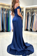 Dbrbridal Stain Royal Blue Sweetheart Slit Front Off-the-Shoulder Strapless Prom Gown with Ruffles