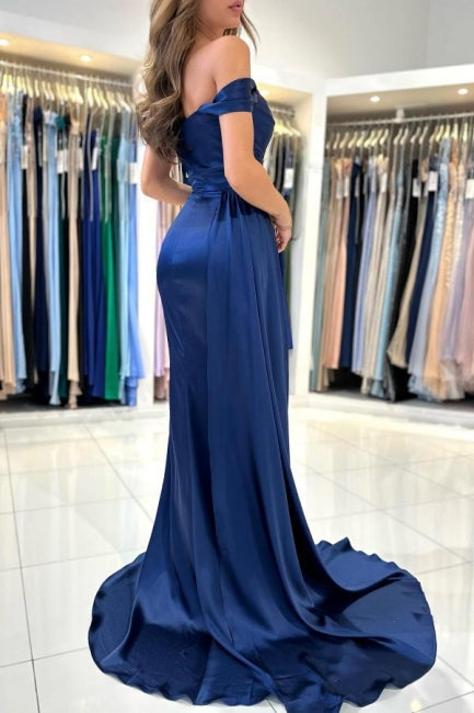 Dbrbridal Stain Royal Blue Sweetheart Slit Front Off-the-Shoulder Strapless Prom Gown with Ruffles