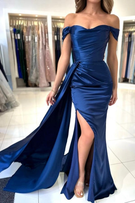 Dbrbridal Stain Royal Blue Sweetheart Slit Front Off-the-Shoulder Strapless Prom Gown with Ruffles
