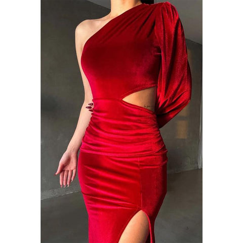 Robe de soirée longue en velours bordeaux, fourreau/colonne, asymétrique 