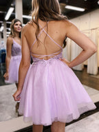 Vestido de fiesta de corte A, espalda descubierta, tul con apliques