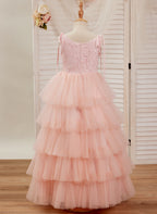Vestido rosa de corte A, largo hasta el suelo, de tul y encaje (010220942)