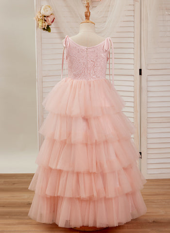 Robe longue rose en tulle et dentelle, coupe trapèze (010220942) 