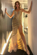 Luxurious Mermaid Spaghetti Straps Champagne Corset Prom Dress with Split Front