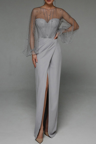 Vestidos de noche sin tirantes con abertura, cuentas y malla, elegantes y lisos, de celebridades 