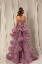 Tulle A-line Tiered Spaghetti-Straps Long Prom Dress