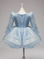Vestido de cumpleaños para niña, azul con lentejuelas, de manga larga y hasta la rodilla. 