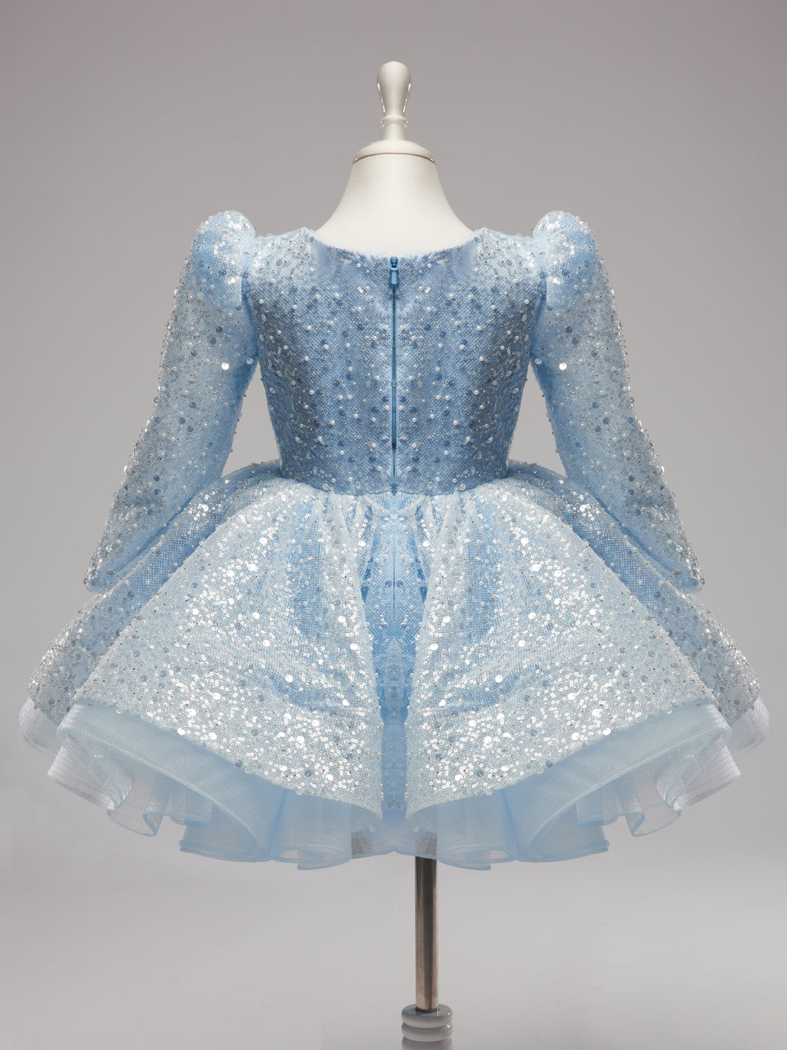 Vestido de cumpleaños para niña, azul con lentejuelas, de manga larga y hasta la rodilla. 