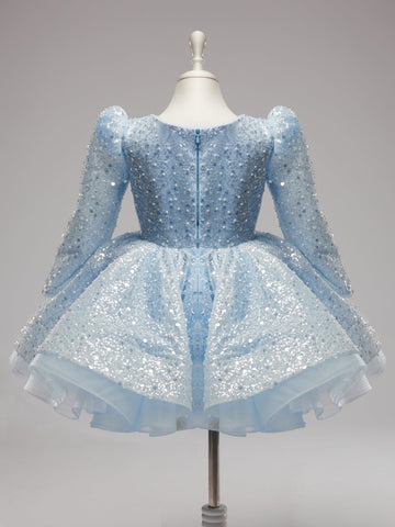 Vestido de cumpleaños para niña, azul con lentejuelas, de manga larga y hasta la rodilla. 