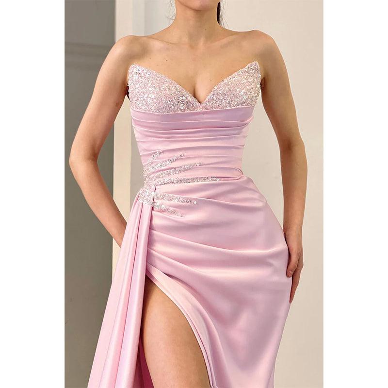 Vestidos de noche formales largos con escote en V y abertura alta con cuentas sexys