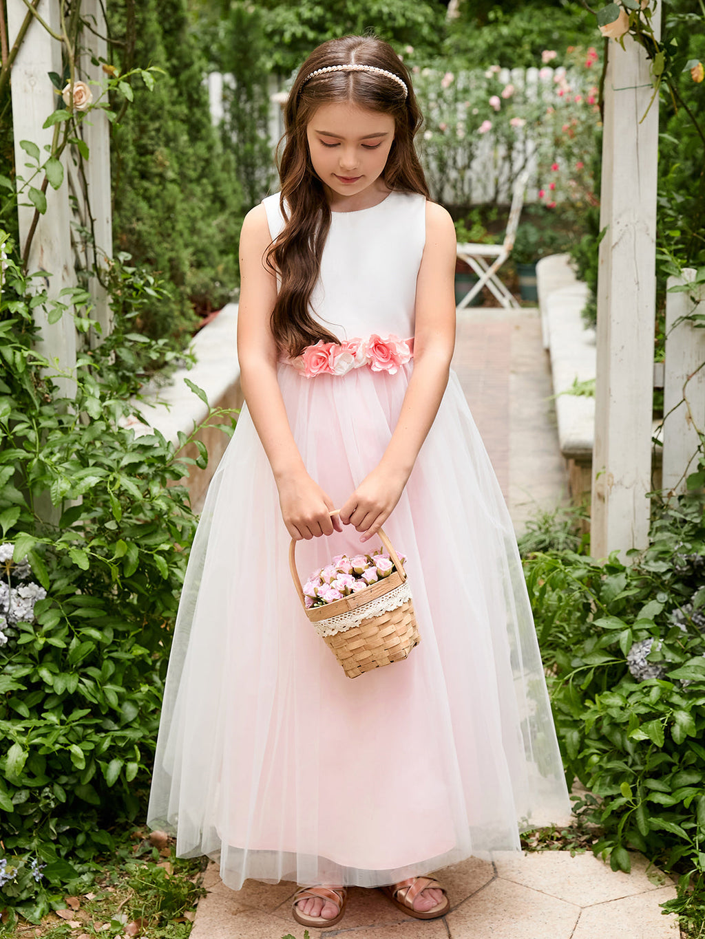 Vestido de niña de las flores de corte A con flores 3D, tul satinado y largo hasta el tobillo 
