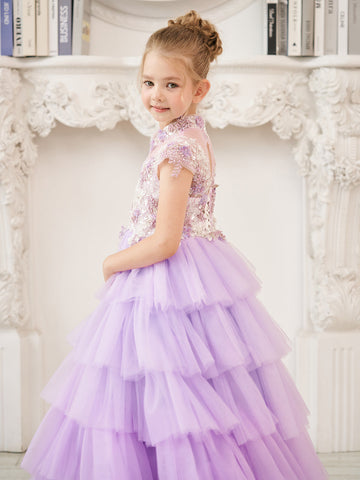 Vestido de princesa de tul lila con apliques florales y pedrería para niñas 