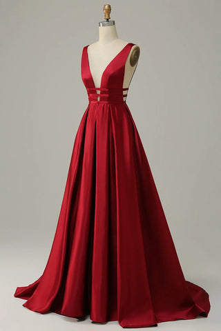 A Line Deep V Neck Red Long Prom Dress with Backless