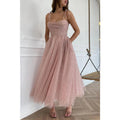 Robe de soirée rose à bretelles spaghetti et paillettes avec poches 