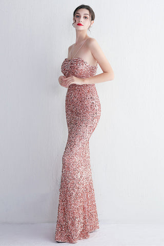 Vestido largo de fiesta negro con lentejuelas, estilo sirena, escote halter y abertura en forma de ojo de cerradura