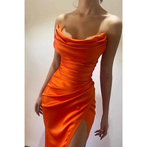 Sheath/column Strapless Sati Pleats Long Formal Party Dress with Slit