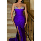 Vestido de noche para fiesta, graduación, escote corazón, sin tirantes, plisado, con cuentas y abertura lateral 