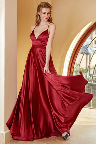 Robe de bal simple bordeaux à fines bretelles