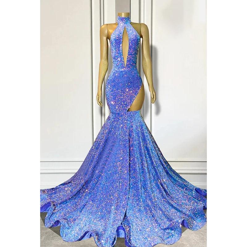 Vestido de fiesta glamuroso y dramático de corte sirena, sin mangas, con volantes y cuello alto