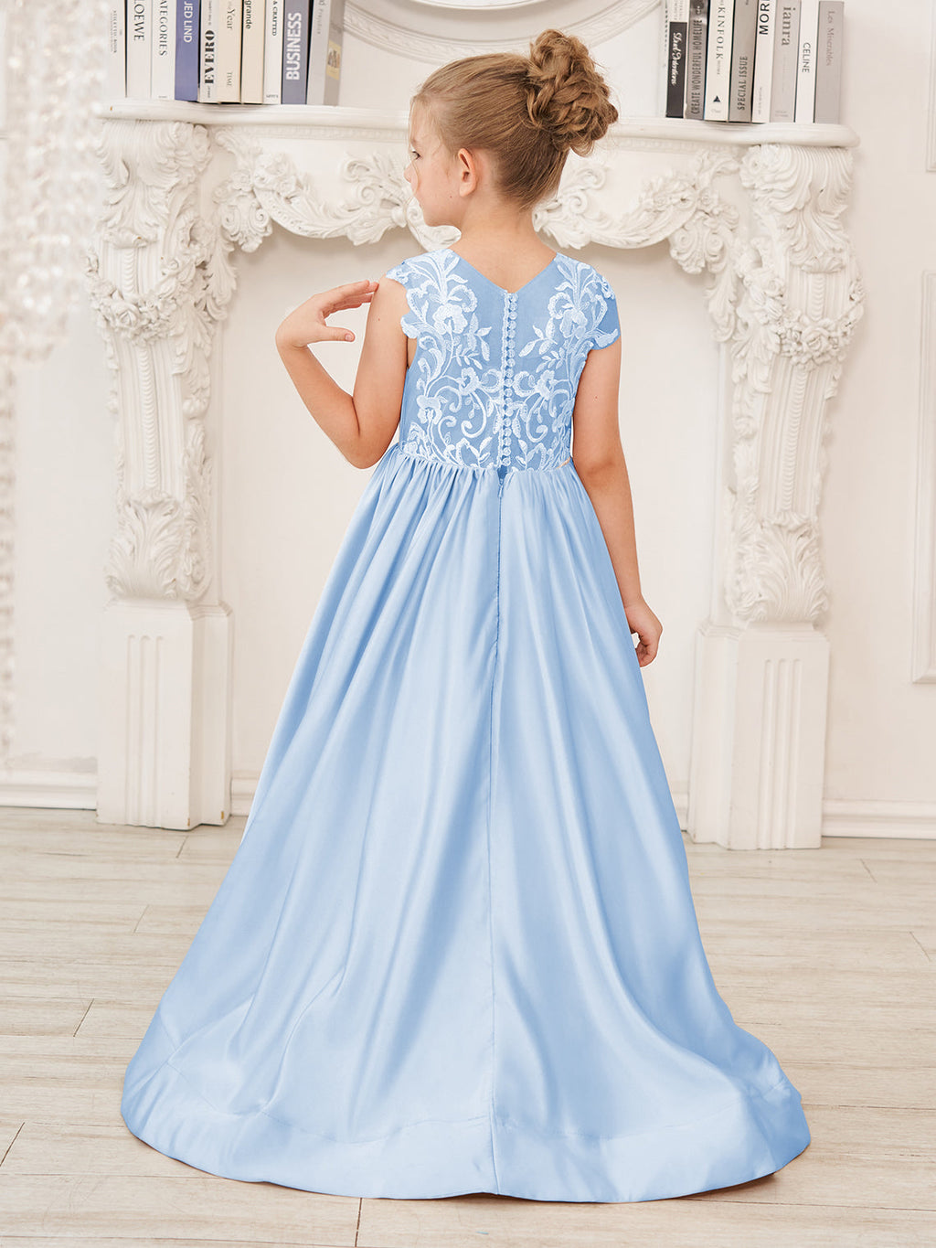 Vestido de niña de las flores de corte A, de satén y encaje, hasta el suelo 