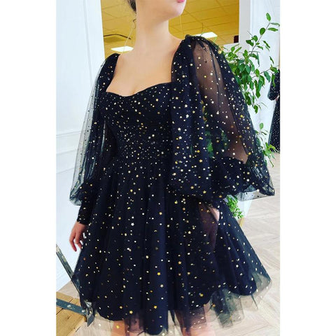 Robe de soirée noire à manches longues et paillettes 