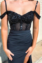 Stylish Mermaid Off the Shoulder Black Corset Prom Dress with Split Front