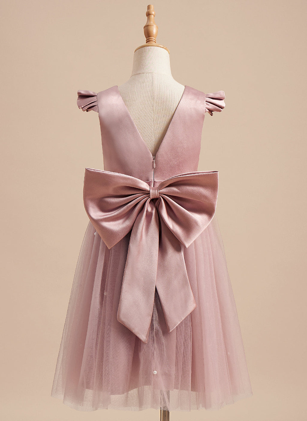 Vestido rosa empolvado de corte A y tul satinado hasta la rodilla (2003227179) 