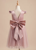 Vestido rosa empolvado de corte A y tul satinado hasta la rodilla (2003227179) 
