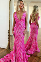 Mermaid Deep V Neck Orange Sequins Long Prom Dress with Open Back