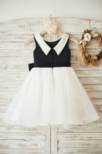 Vestido negro de tul satinado hasta la rodilla para niña de las flores 