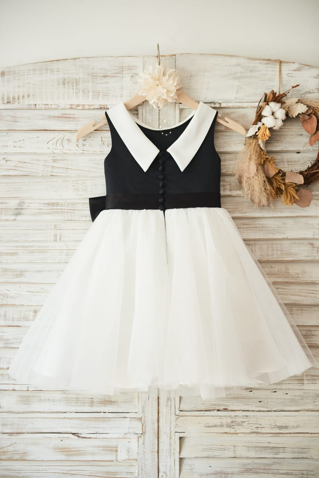 Vestido negro de tul satinado hasta la rodilla para niña de las flores 