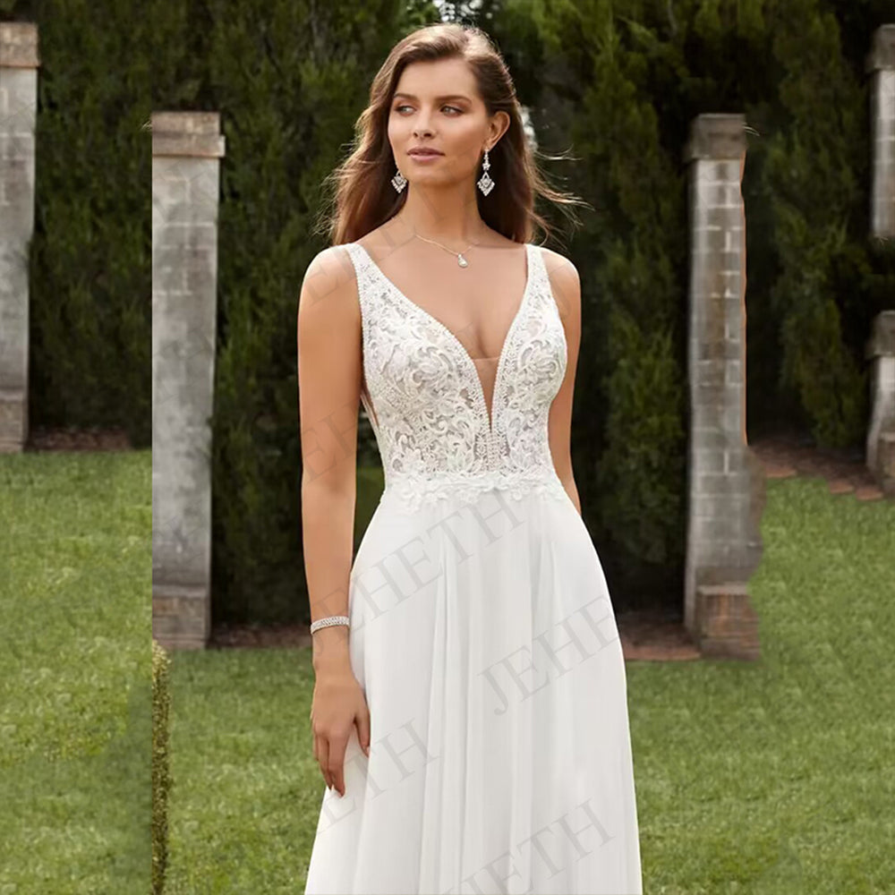 Vestidos de novia vintage corte A boho con encaje, escote en V, abertura, sin mangas, vestidos de novia, espalda descubierta con apliques para mujer 