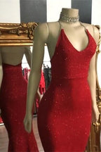 Robe de bal sirène glamour rouge à fines bretelles et sequins