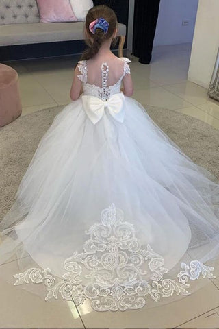 Precioso vestido blanco de niña de las flores de tul con apliques de encaje
