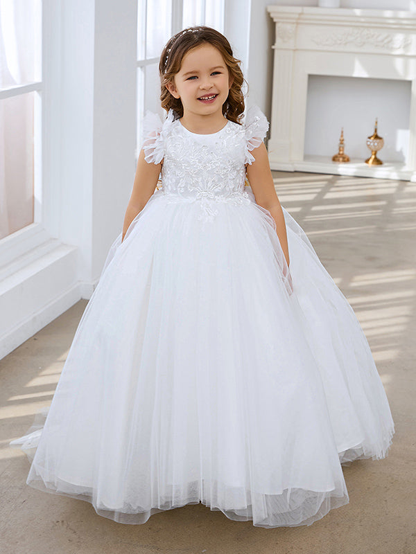 Vestido de princesa color marfil con apliques de encaje y cola de tul para niñas 