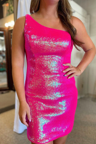 Vestido corto de fiesta Sweet Magic Sheath de un solo hombro con lentejuelas rosa intenso