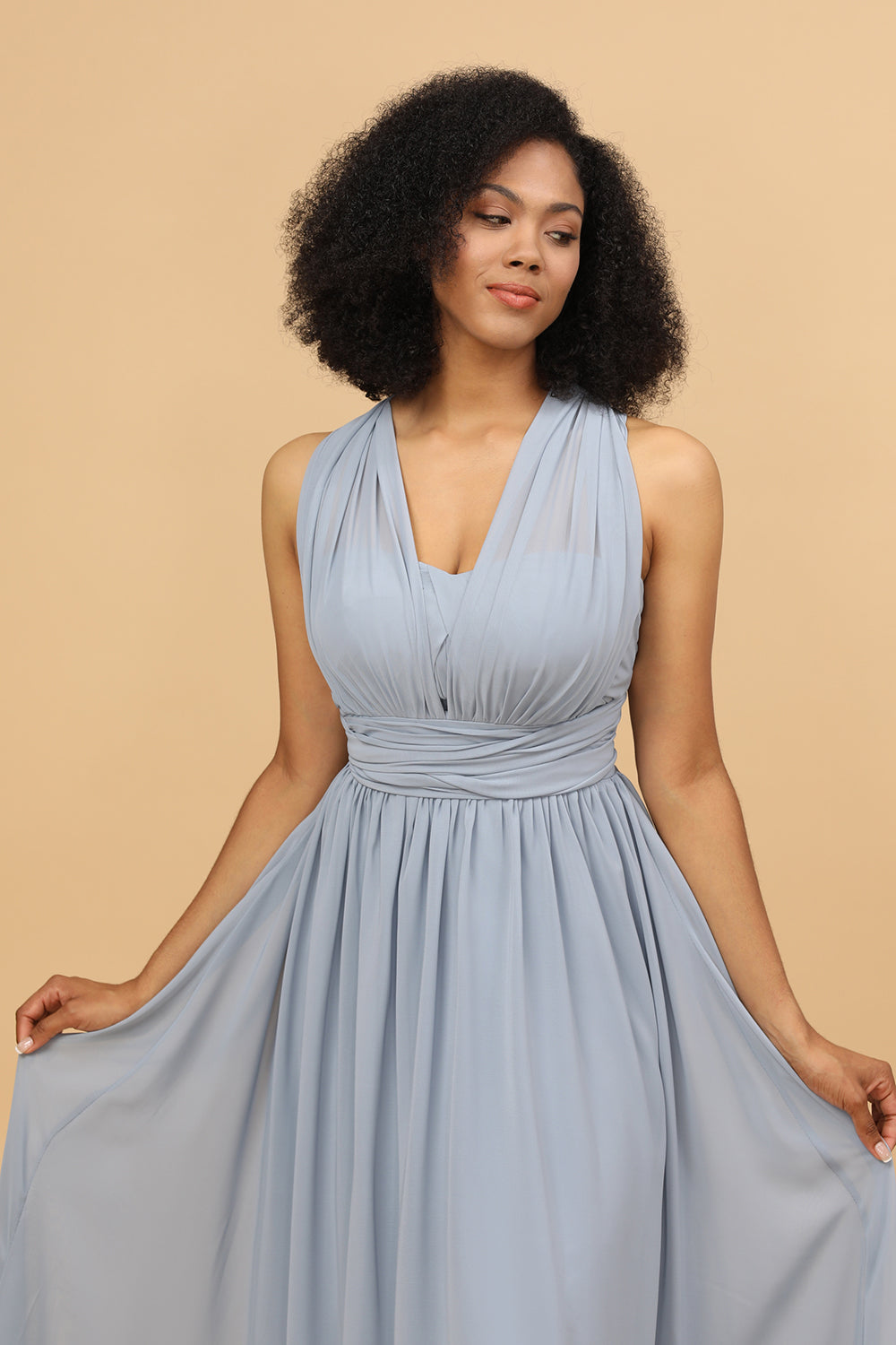 Robe de demoiselle d'honneur longue convertible en mousseline grise et bleue