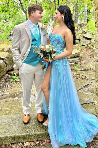 A Line Sweetheart Blue Corset Prom Dress with Appliques Split Front