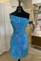 Robe de bal courte à paillettes violettes asymétriques et fourreau scintillant