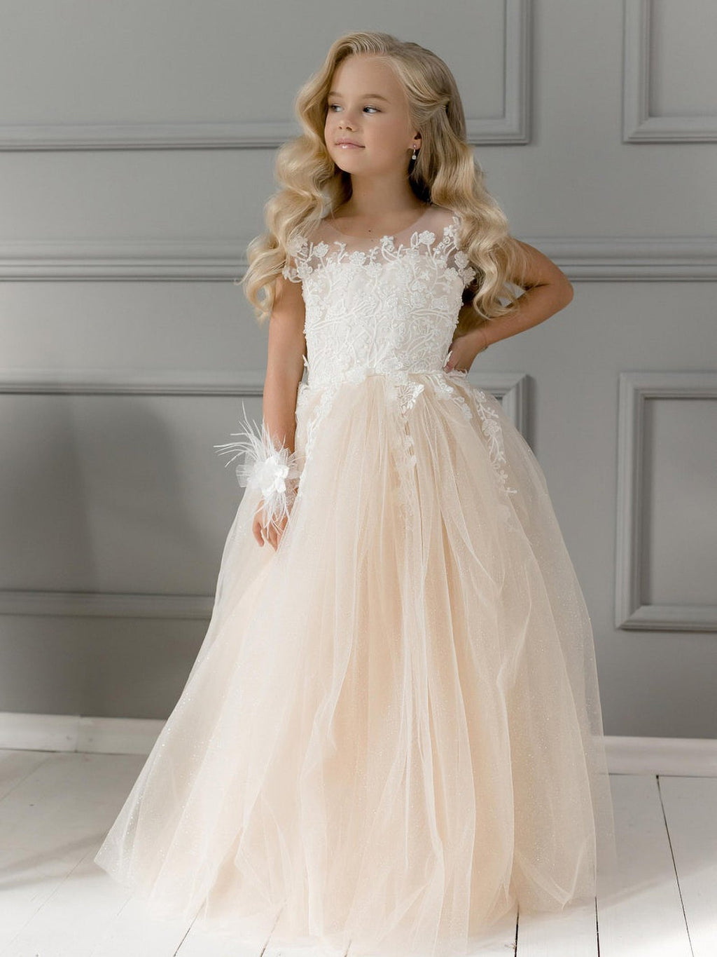 Robe de bal champagne brillante sans manches pour demoiselles d'honneur avec dentelle