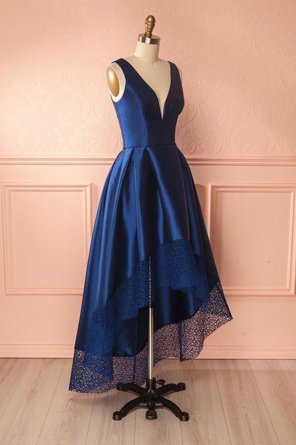 Robes de bal bleu marine en satin dentelle à décolleté asymétrique et col V, robes de demoiselle d'honneur