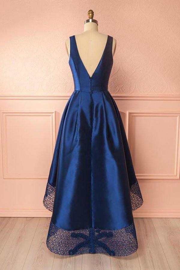 Robes de bal bleu marine en satin dentelle à décolleté asymétrique et col V, robes de demoiselle d'honneur