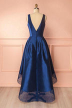 Robes de bal bleu marine en satin dentelle à décolleté asymétrique et col V, robes de demoiselle d'honneur