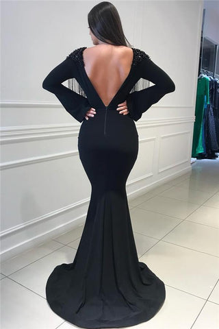 Deep Chic V-Neck Open Back Black Prom Dresses Fit and Flare Chic Long Sleevess Beads Tassels Evening Gown