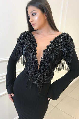Deep Chic V-Neck Open Back Black Prom Dresses Fit and Flare Chic Long Sleevess Beads Tassels Evening Gown