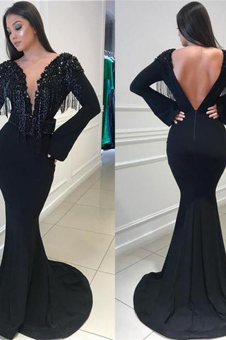 Deep Chic V-Neck Open Back Black Prom Dresses Fit and Flare Chic Long Sleevess Beads Tassels Evening Gown