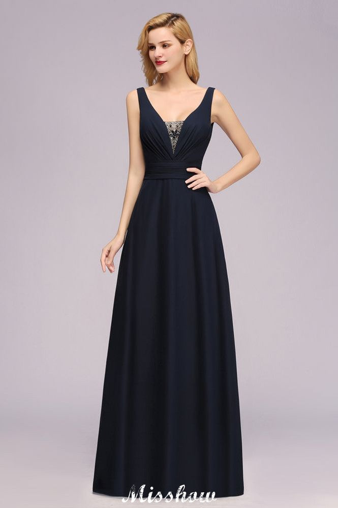 Vestido de dama de honor de corte A con escote en V profundo y pedrería. Vestido largo hasta el suelo para la dama de honor.