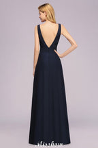 Vestido de dama de honor de corte A con escote en V profundo y pedrería. Vestido largo hasta el suelo para la dama de honor.